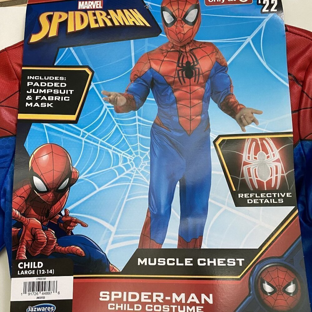 Jazwares Kids' Marvel Spider-Man Muscle Chest Halloween Costume Jumpsuit Mask L - Picture 3 of 8